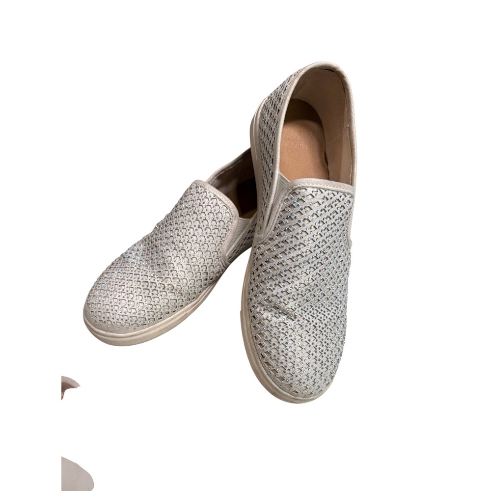 Material Girl Womens Rhinestone Laser Cut Slip On Sneakers Cream Size 9M glam